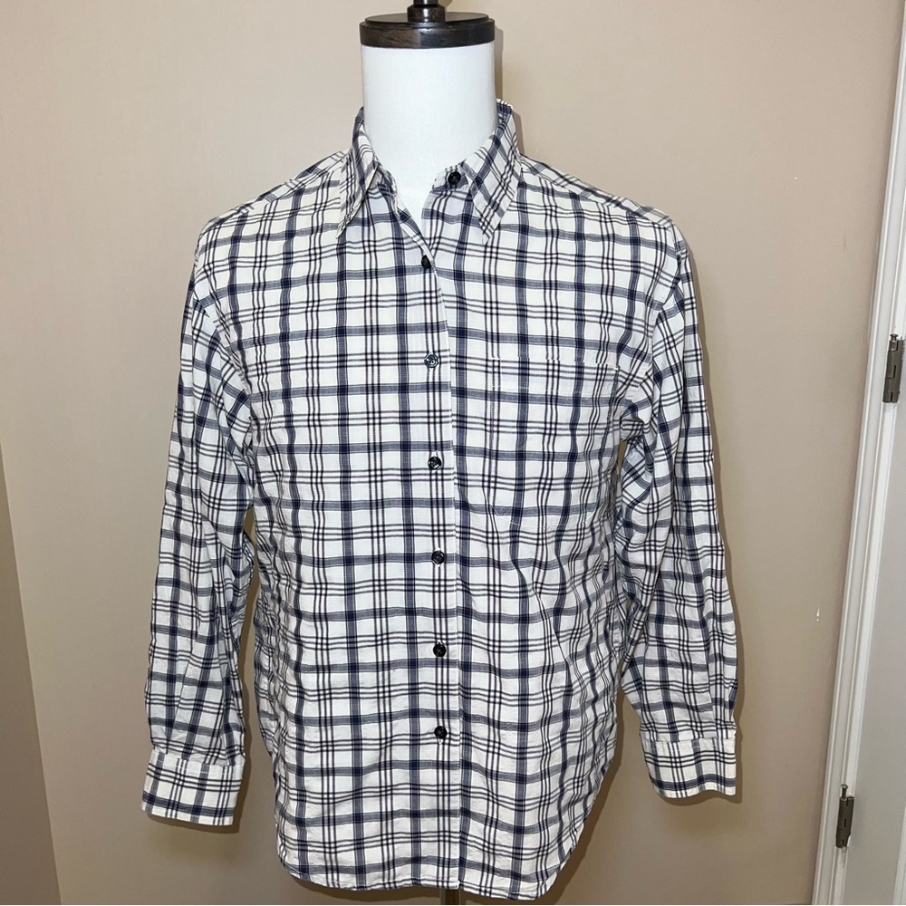 Eddie Bauer Men's Work School Button Up Long Sleeve White Blue Plaid Size Small